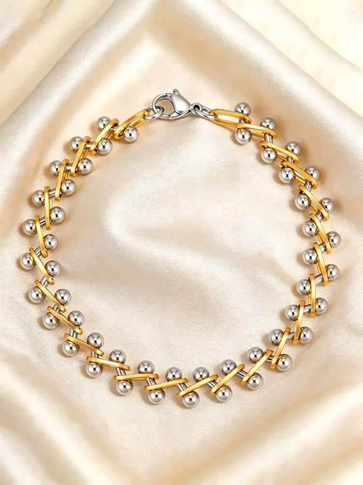 Beaded Bracelet for Women, Gold Silver Two Tone Stackable Minimalist Jewelry, Trendy Layered Bracelet Holiday Party Accessories - 4