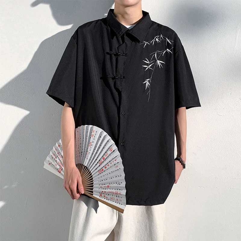 2024 Summer Chinese Style Embroidery Turn Down Collar Frog Pocket Men's Single Breasted Fashion Short Sleeve Loose Shirt Tops