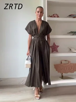 Abito lungo elegante con lacci pieghettati Scollo a V profondo Manica volante Abiti da festa a trapezio 2025 Abiti estivi da donna per ufficio All-match Chic 1