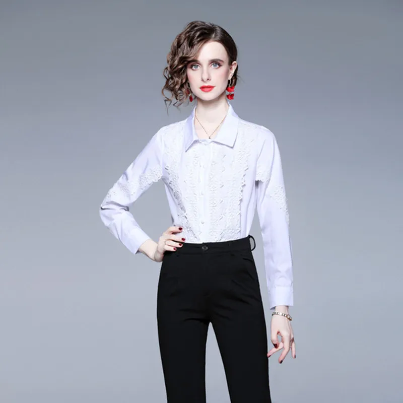 

New Women European Lace Hem Office Work Blouse Female Turn-down Collar White Blusa Shirt