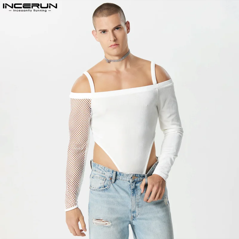 INCERUN Sexy Style Men's Homewear Fashion Solid Comfortanle Bodysuits Handsome Male Digging Mesh Long Seeved Jumpsuit S-5XL