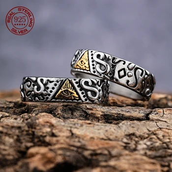 S925 Sterling Silver Gender-Neutral Ring Egyptian Horus Eye Graphic Punk Motorcycle Personalized Jewelry Creative Gift