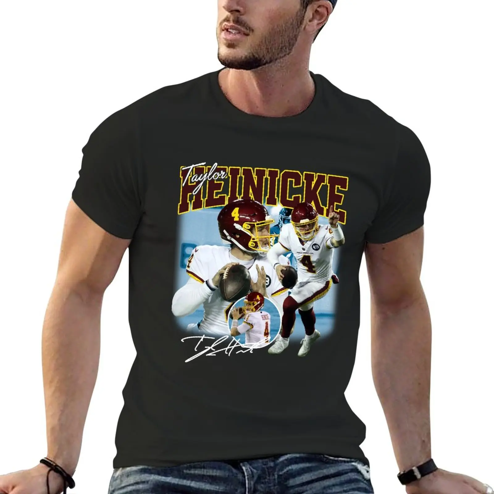 

New Taylor Heinicke Football Signature Vintage Retro 80s 90s Bootleg Rap Style T-Shirt Aesthetic clothing plain t shirts men