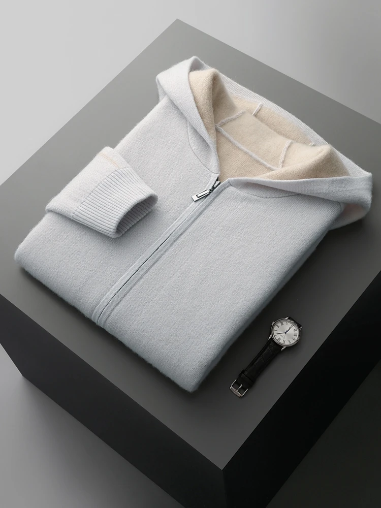 Men's Zipper Jacquard Hooded Cardigan Light Luxury 100% Cashmere Sweater Autumn Winter Casual Coat Knitwear Comfortable Tops 4