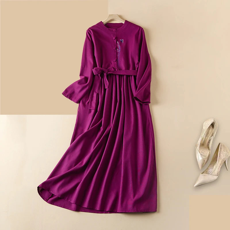 Autumn Winter Cotton Linen Embroidery Long Sleeve Dresses For Women Vintage Casual Loose Elegant Dress Ladies Fashion Clothing