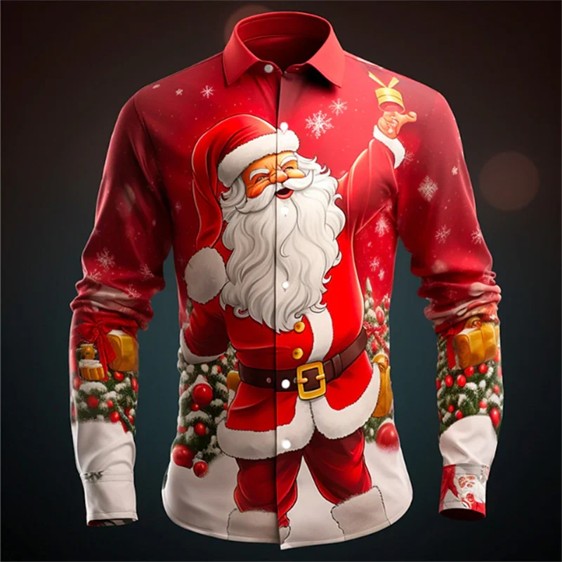 

Santa Claus casual men's shirt casual autumn and winter long sleeve purple burgundy luxury men's clothing Christmas
