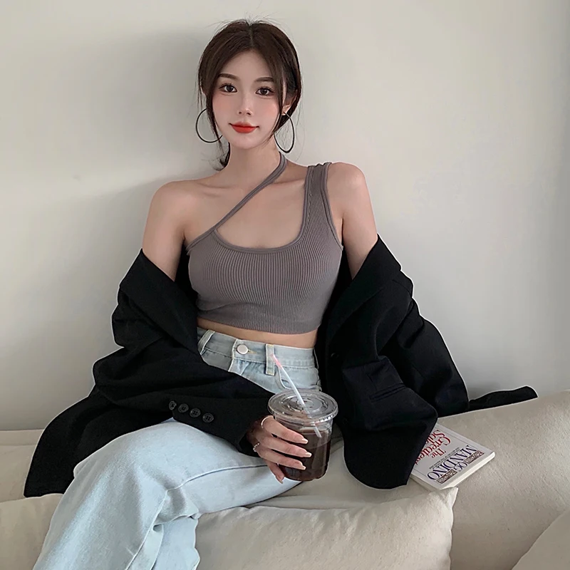 

Ladies Sexy Oblique Strap Hanging Solid Color Ribbed One Shoulder Sleeveless Slim Fit Short Ladies Summer Tank Women Sports Top