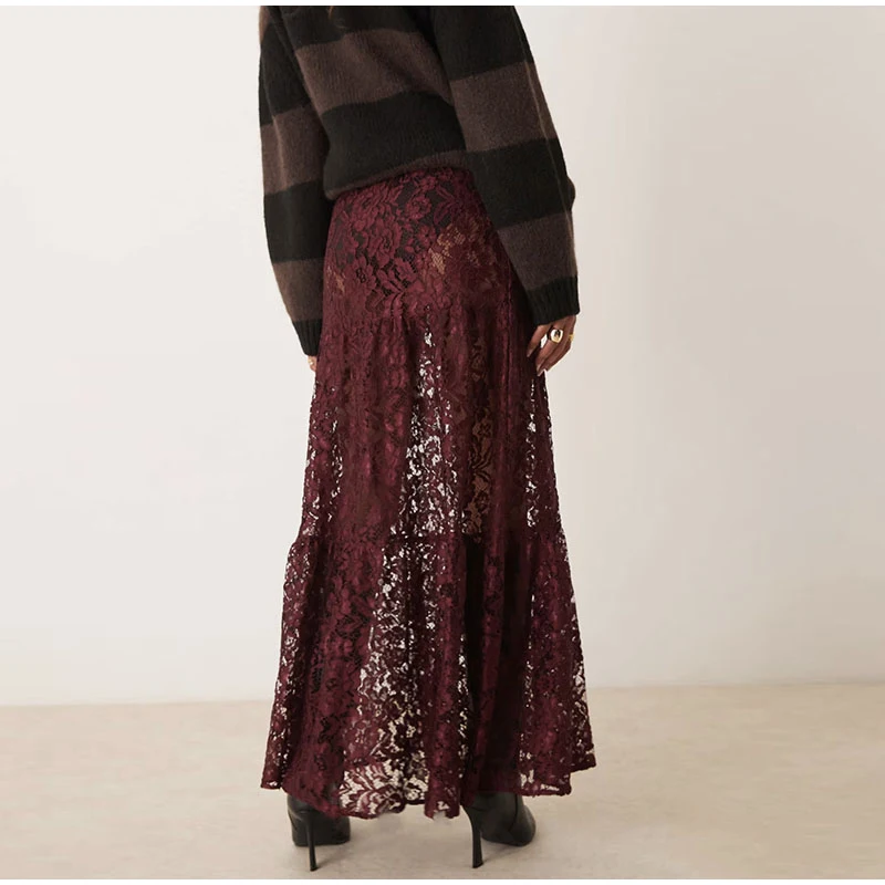 Elegant Floral Lace Hollow Out Skirts Women Sexy Retro Solid Low Waist Long Skirt Female Korean Autumn Summer Loose Versatile