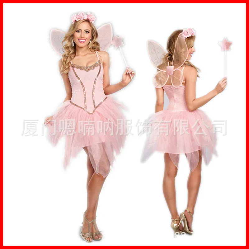 

Pink Halloween Cosplay Princess Adult Girls Party Green Flower Fairy Spirit Dress Elf Costume with Butterfly Wings Sets