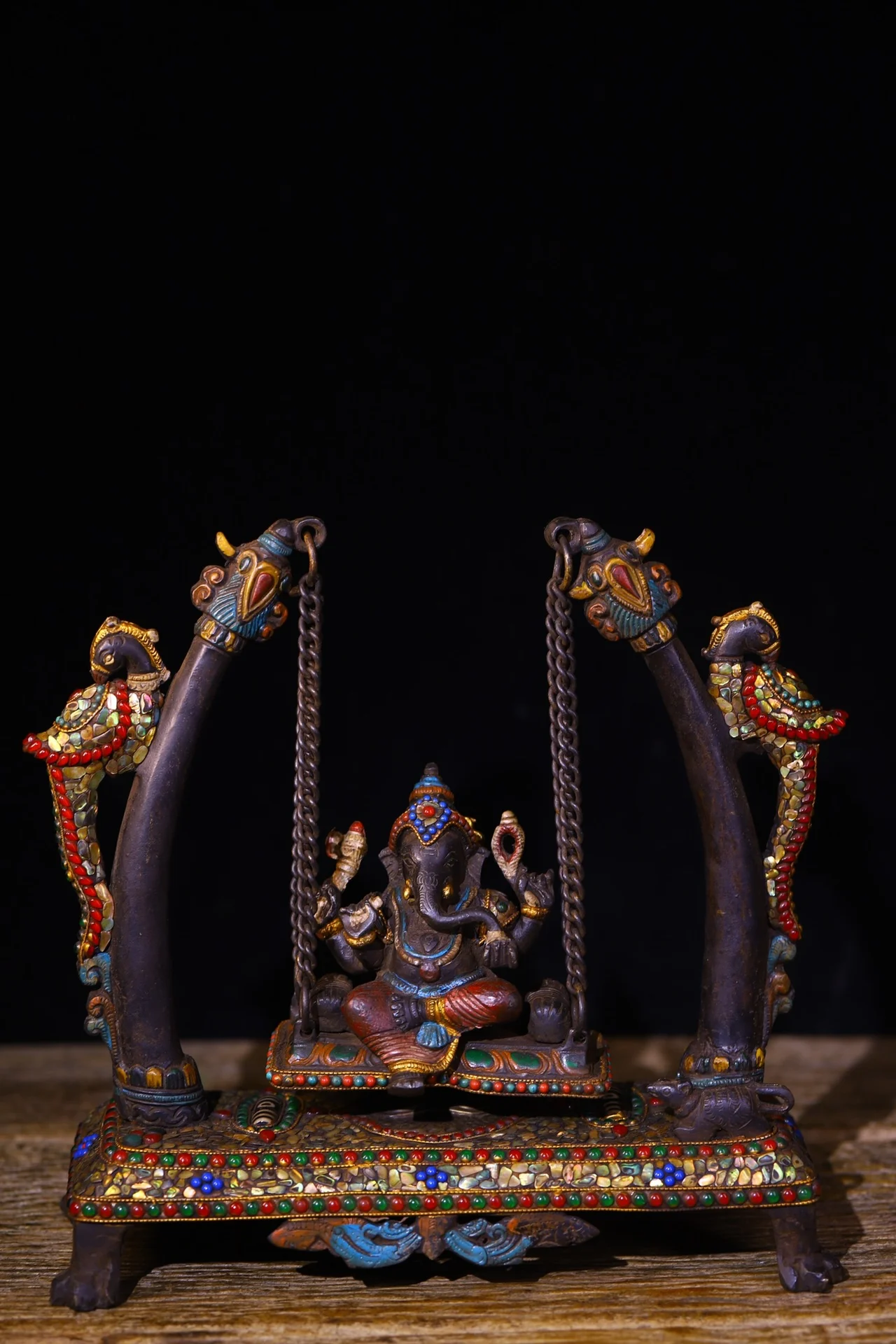 

11"Tibetan Temple Collection Old Bronze Painted Mosaic Gem gZi Beads Shell Parrot Crane swing Elephant trunk Ganesha Buddha