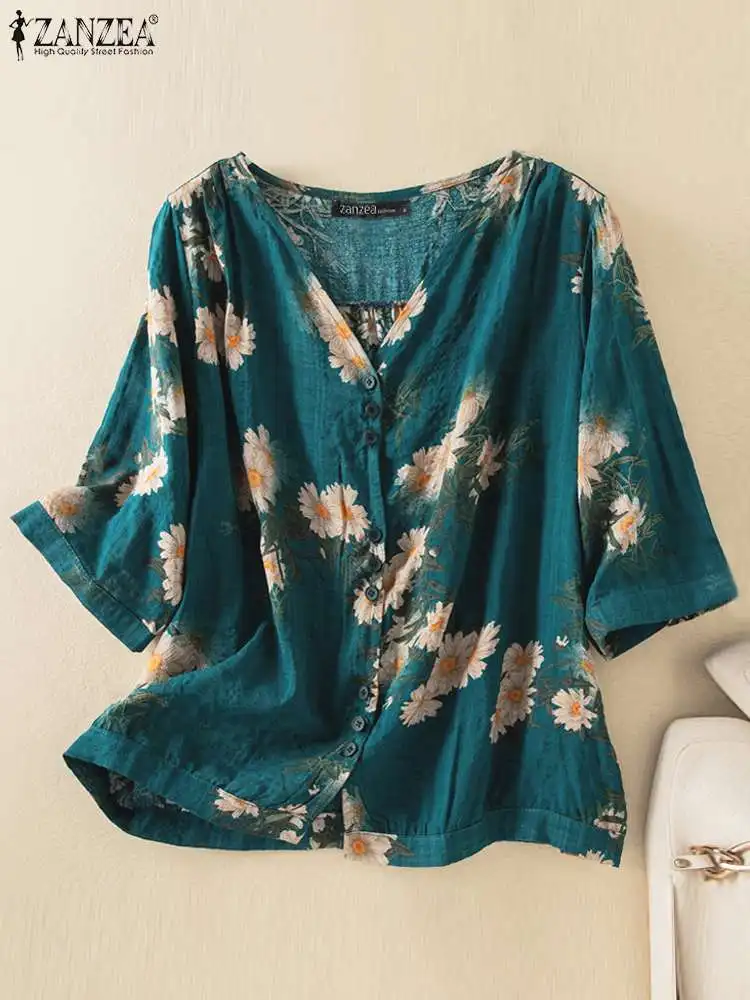 

ZANZEA Loose Flower Print Blusa V-neck 2023 Summer Tops Tunic Retro Vintage Shirt Women Holiday Casual Half Sleeve Button Blouse