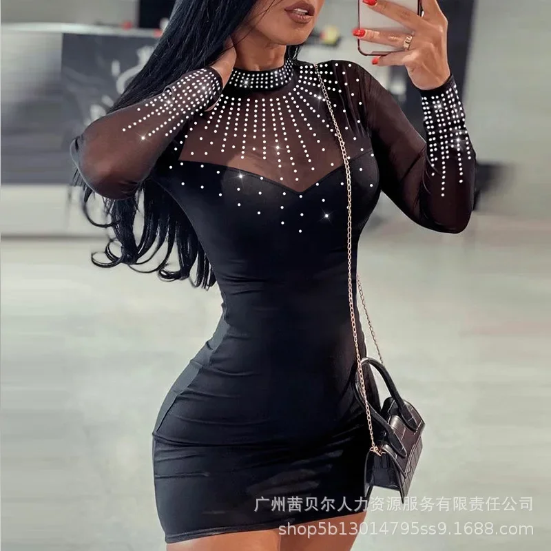 

Y2K Chic Elegant Fashion Sexy Long Sleeve O Neck High Waist Party Evening Dress Rhinestone Sheer Mesh Patchwork Bodycon Dress