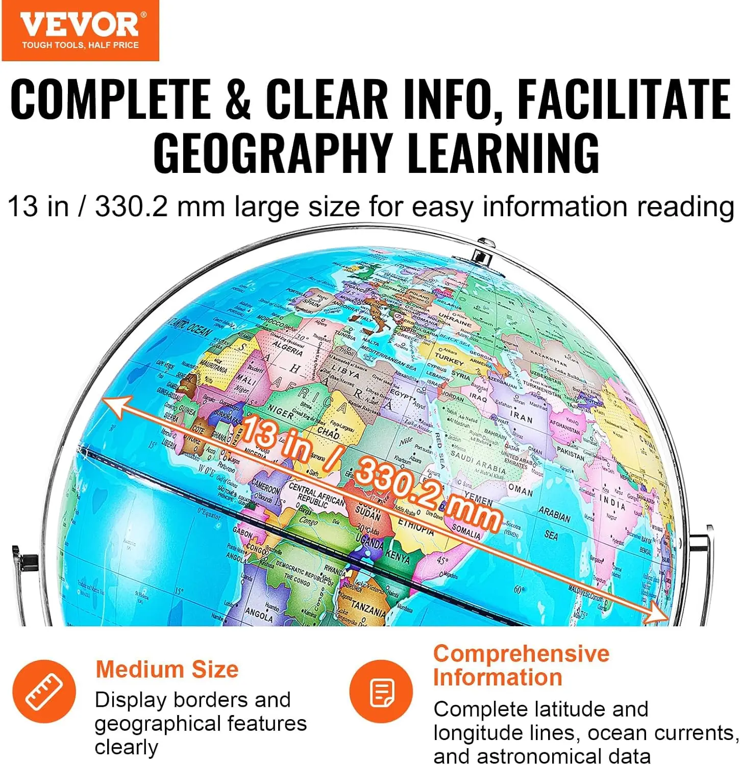 Illuminated World Globe with Stand, 13 in/330.2 mm, Educational Earth Globe with Stable Heavy Metal Base HD Printed Map 2