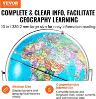 Illuminated World Globe with Stand, 13 in/330.2 mm, Educational Earth Globe with Stable Heavy Metal Base HD Printed Map 2