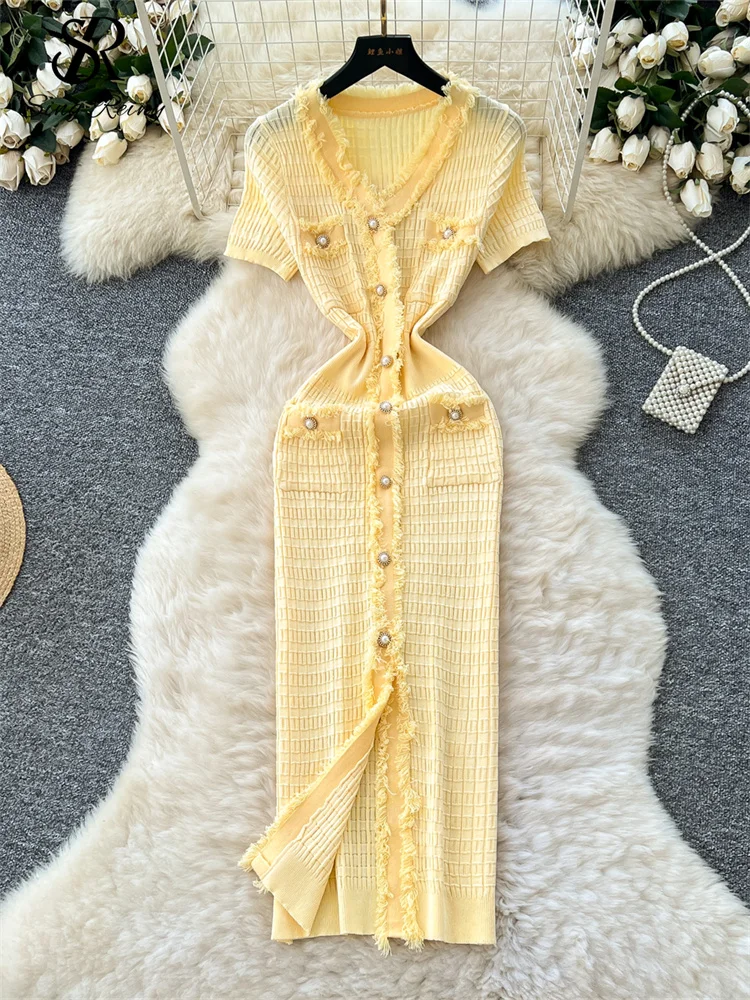 SINGREINY Workwear Elastic Knitted Dress Women Short Sleeves Single Breasted Design 2025 Summer Korean Vintage Split LongDress 1