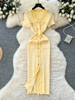 SINGREINY Workwear Elastic Knitted Dress Women Short Sleeves Single Breasted Design 2025 Summer Korean Vintage Split LongDress