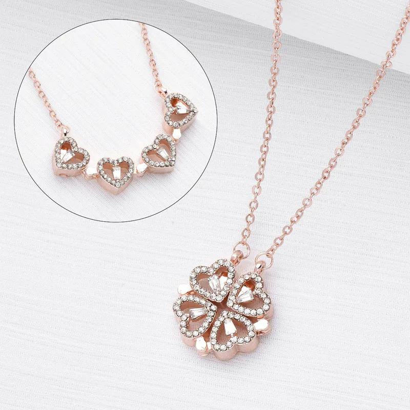 Collana Quadrifoglio Pieghevole 2 In 1, Ciondolo Magnetico A Forma Di Cuore Che Si Apre A Quadrifoglio, Regalo San Valentino Per Donne