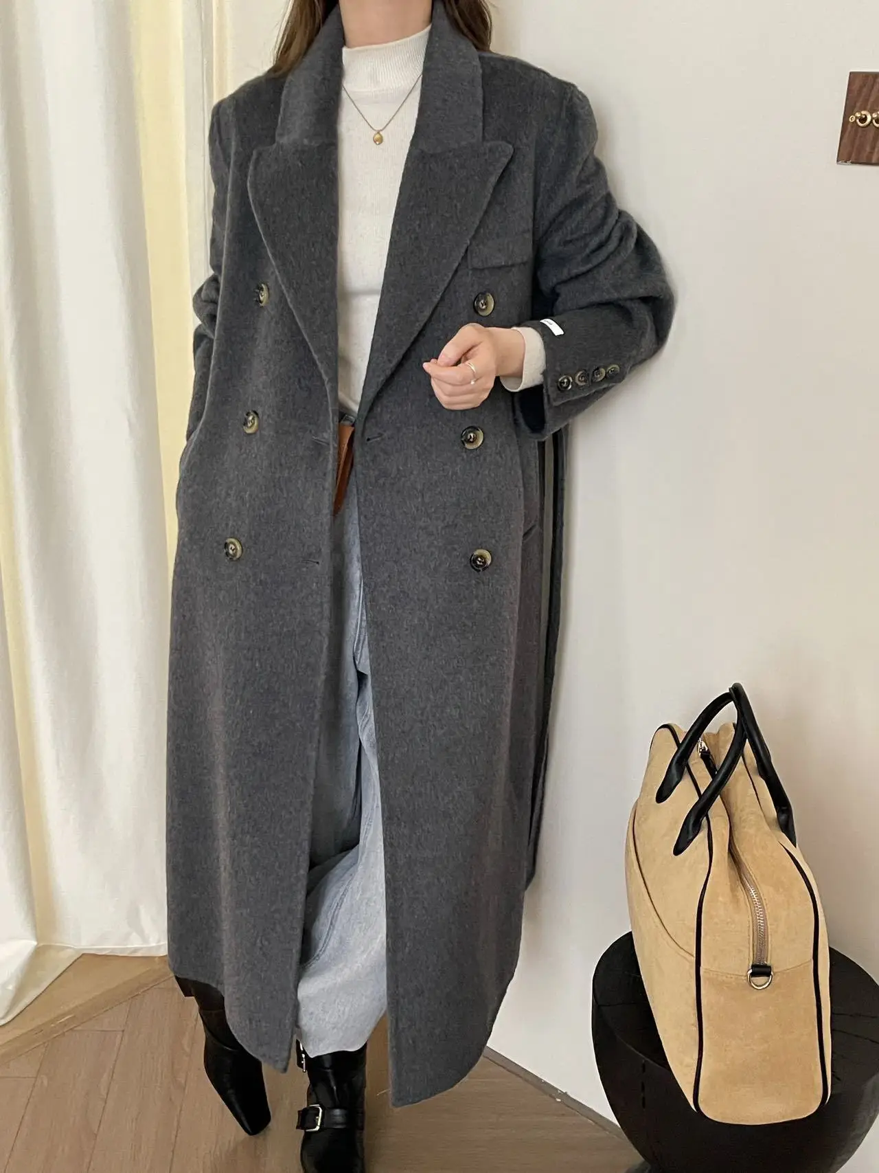 ZMEENNA Womens Elegant Wool Blend Long Coat With Double Breasted