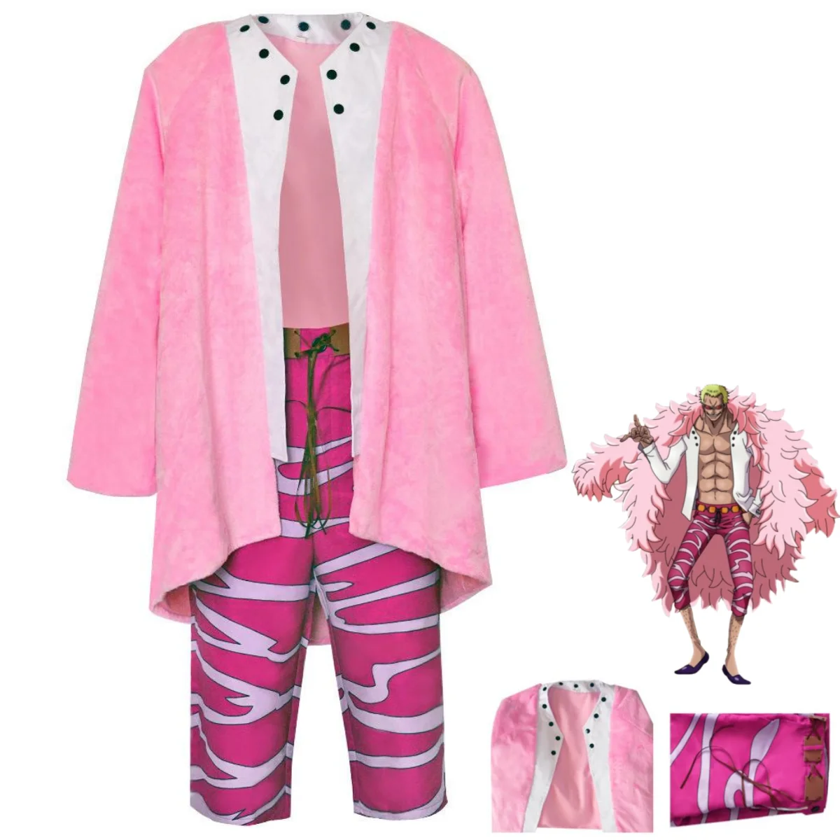 

Anime Donquixote Cosplay Doflamingo Costume Oka Shichibukai King Pink Plush Cloak Shawl Man Halloween Masquerade Ball Suit