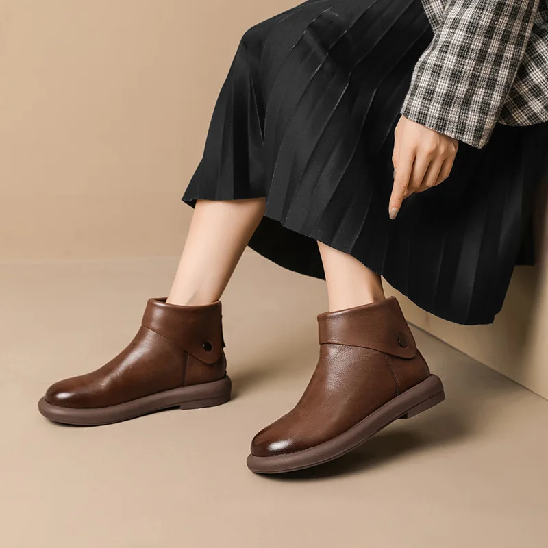 Women's Brown Boots Winter Soft Genuine Leather Low Heels Casual Shoes for Female Retro Outdoor Warm Ankle Boots Woman