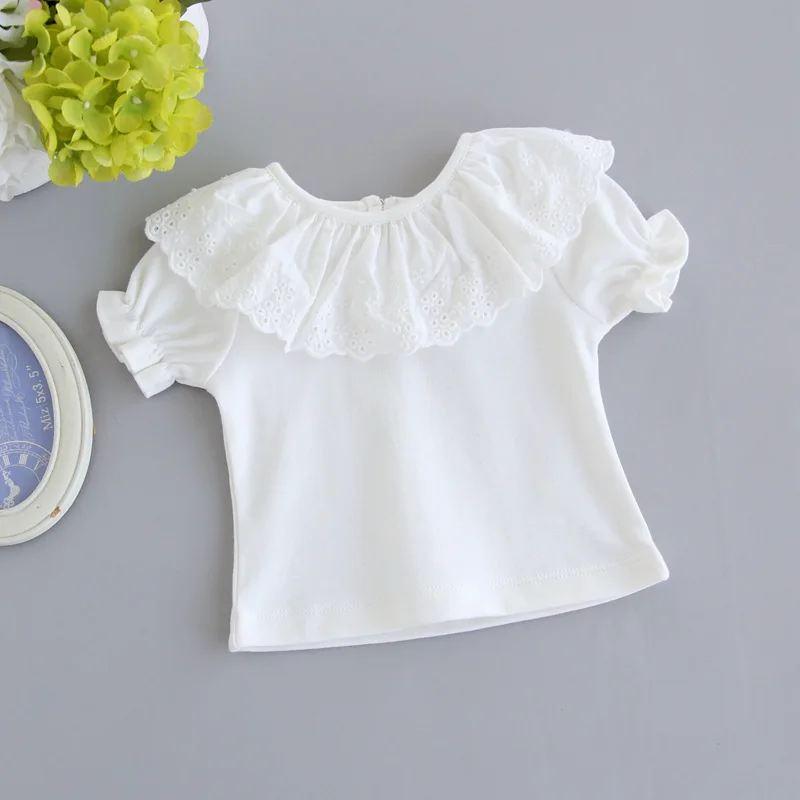 

2024 New Spring Summer Baby Girls Clothing Princess White Lace Lapel Short Sleeve Base Shirt Children T-shirt Baby Kids Outfit