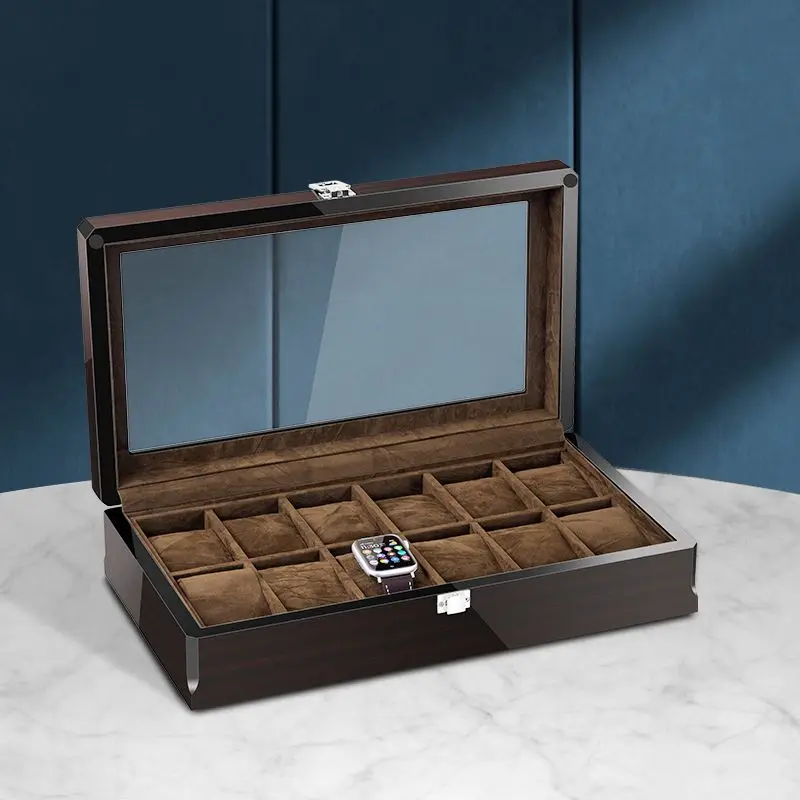 Caja de reloj de madera para hombre, organizador de relojes de hombre con 6  ranuras y parte superior de cristal, estuche de exhibición lacado de 2