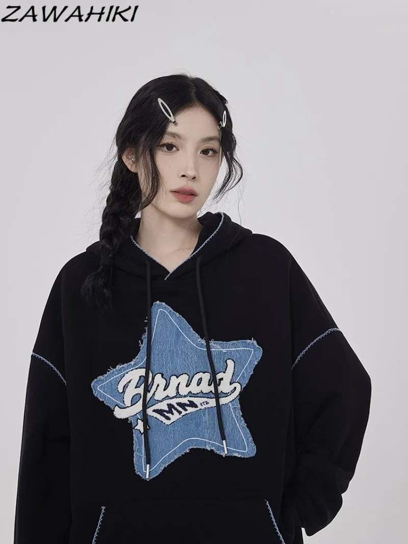 

ZAWAHIKI Autumn Winter New Loose Hoodies Sweatshirt Women Vintage Star Patchwork Letter Fashion Streetwear Cotton Chic Tops