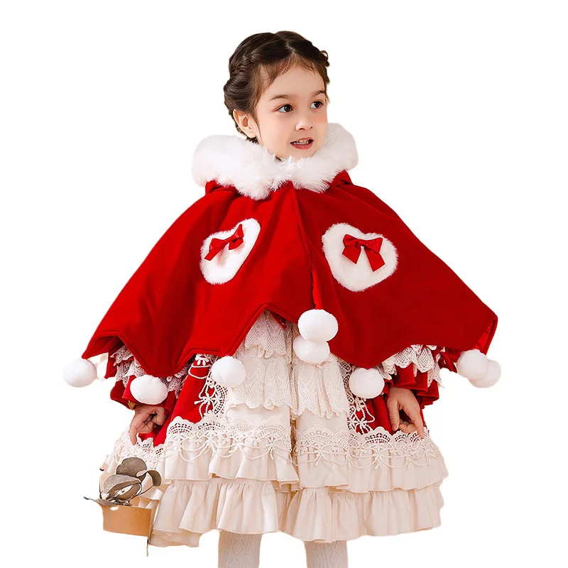 New Year's Wear Bright Red Coat Girl Lolita Plus Cashmere Clip Cotton Big Real Wool Collar Cape