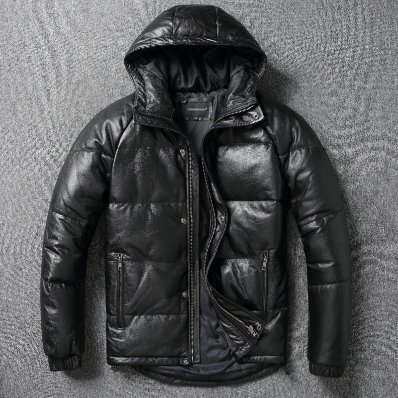 Men Leather Jacket Thick Hood Warm Down Coat