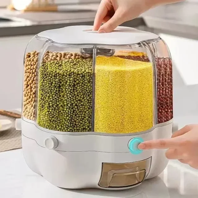 Contenitore per dispenser di cereali da banco per farina alimentare, snack, display 360 ° Contenitore per alimenti a 6 griglie con serbatoio rotante per alimenti secchi 2