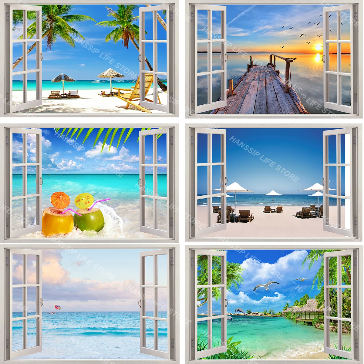 Blue Healing Sea View Window Seascape Wall Sticker Peel and Stick Home Decorative Coconut Tree Beach House Children Wall Decal Wall Stickers Window Stickers
