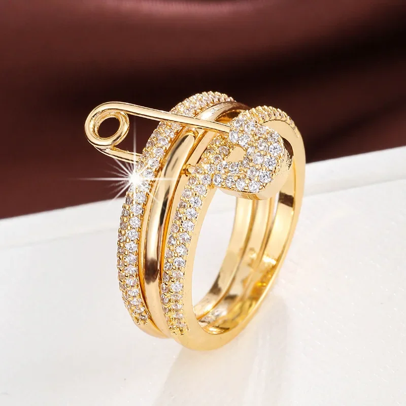 Fashion Stacked Pin Connection Three Layers Designer Ring for Women Personality Zircon Pin Ring Valentine's Day Gift Jewelry 4