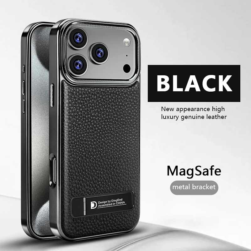Luxurious Genuine Leather Electroplated Phone Case with Metal Bracket Kickstand and Magsafe Compatibility