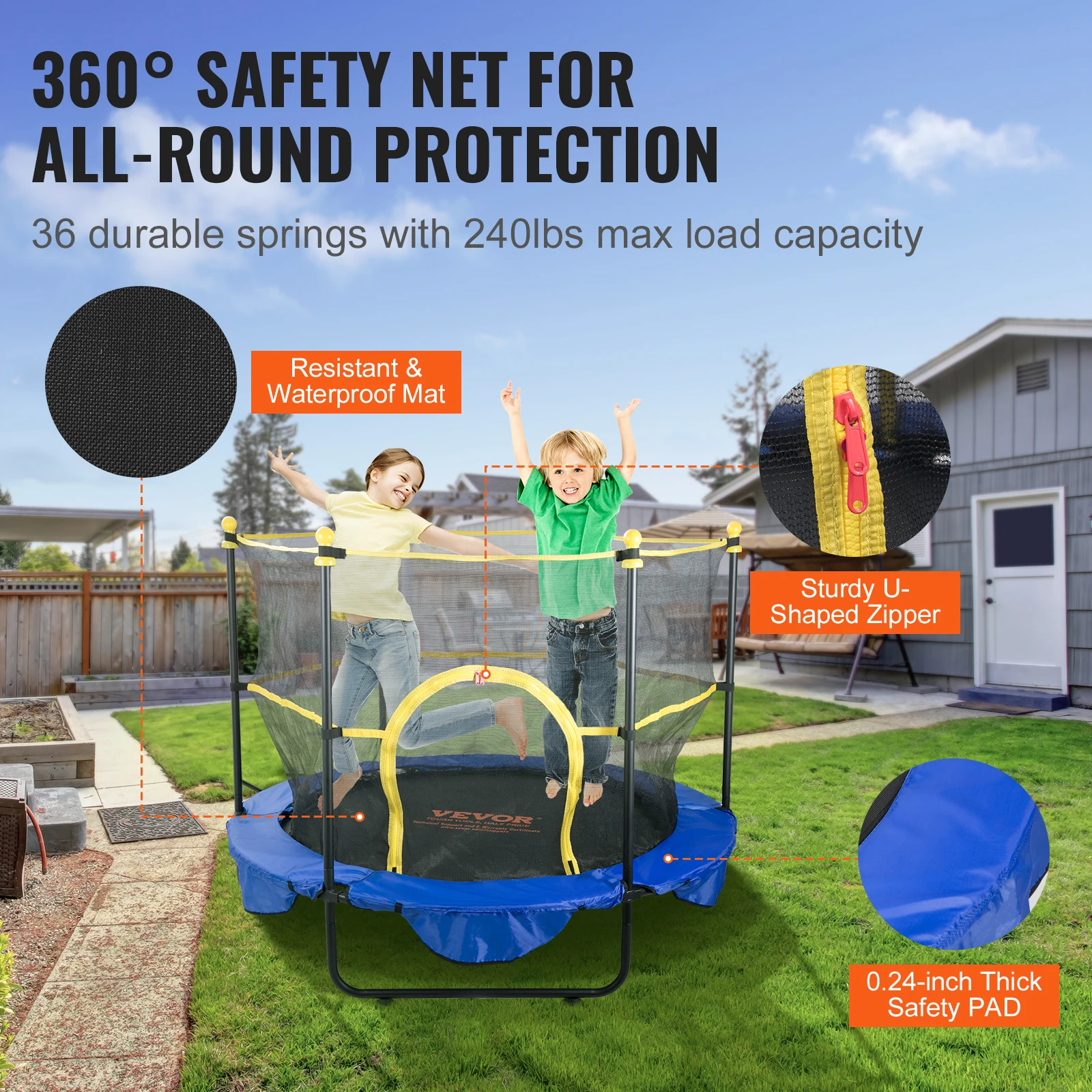Trampoline 60" 5FT For Kids Indoor Outdoor Trampoline With Safety Enclosure Net Basketball Hoop and Ocean Balls For Kids