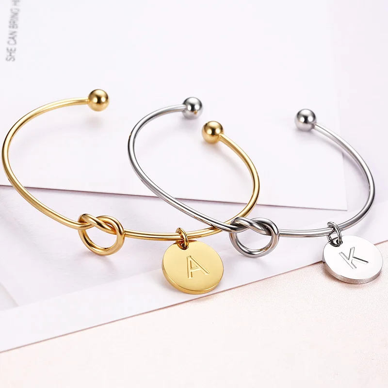 Trendy Initial Coin Charm Bangle for Women Men Lover Wife Stainless Steel Letter Cuff Bracelet Couple Jewelry