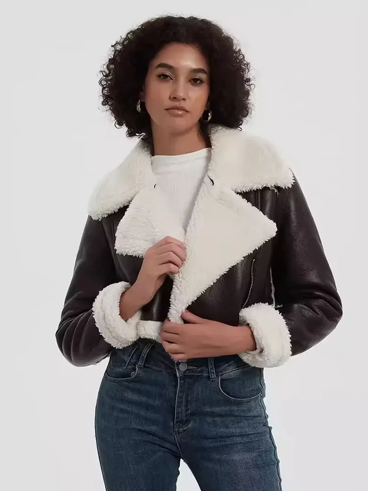 HH Autumn Women Fashion Faux Leather Jackets Front Zipper Vintage Spliced Long Sleeve Coat Winter Casual Office Lady Outwear