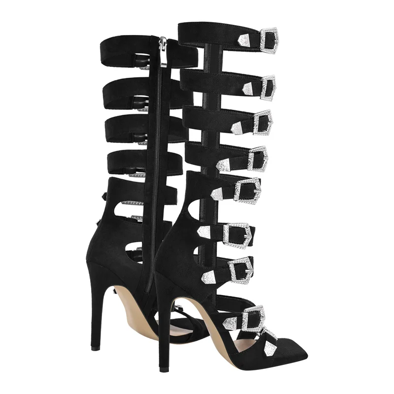 Onlymaker Women Round Toe Hollow Buckle Starp Thigh Stiletto Sandals Ankle Strap Zipper Gladiator Buckle Sandals