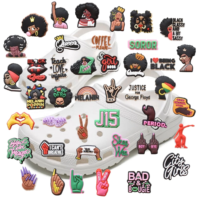 1pc Black Girl Magic Theme Pins Croc Charms Queen Silicone Wristband Ornament Women Garden Shoes Accessories Party Gifts Bulk