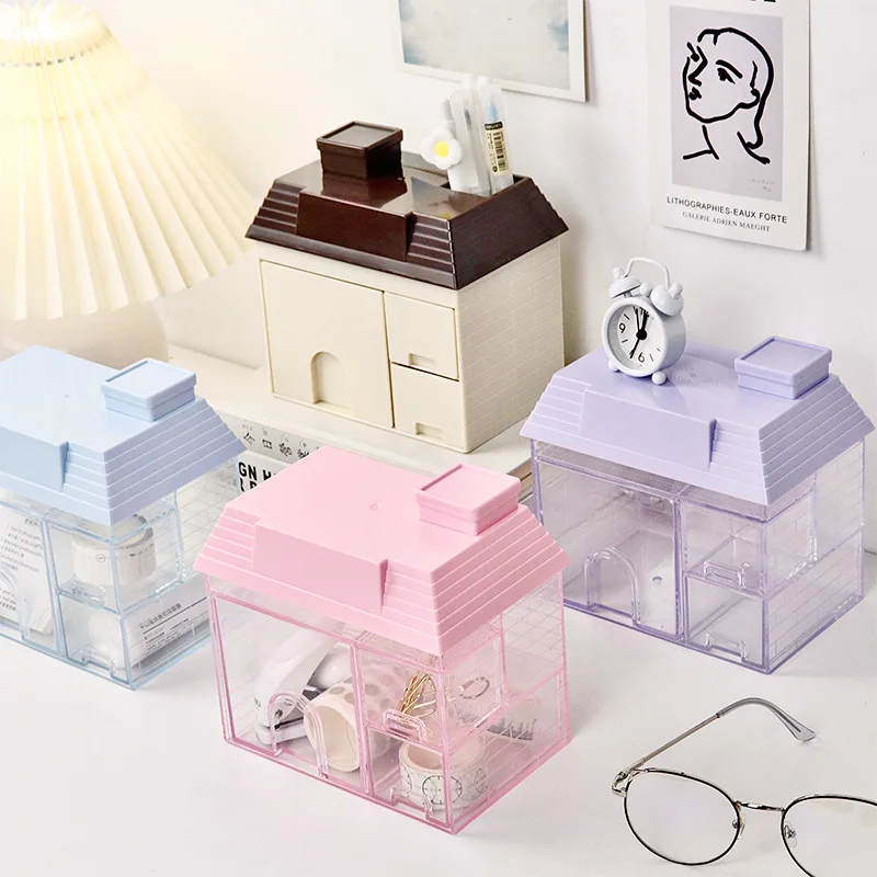 Small House Creative Desktop Organizing Storage Box Stationery Cosmetics Girls Dormitory Storage Box Desk Organizer storage box,self adhesive storage box,desk organizer,transparent storage box,storage organizer,lockable storage box,bag organizer