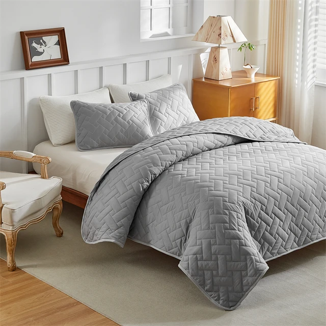 3pcs Quilted Bedspread Set Geometric Grid Pattern,Soft Polyester Thick Bed Cover wuth Pillowcase,Plain US Queen 264*230cm 6