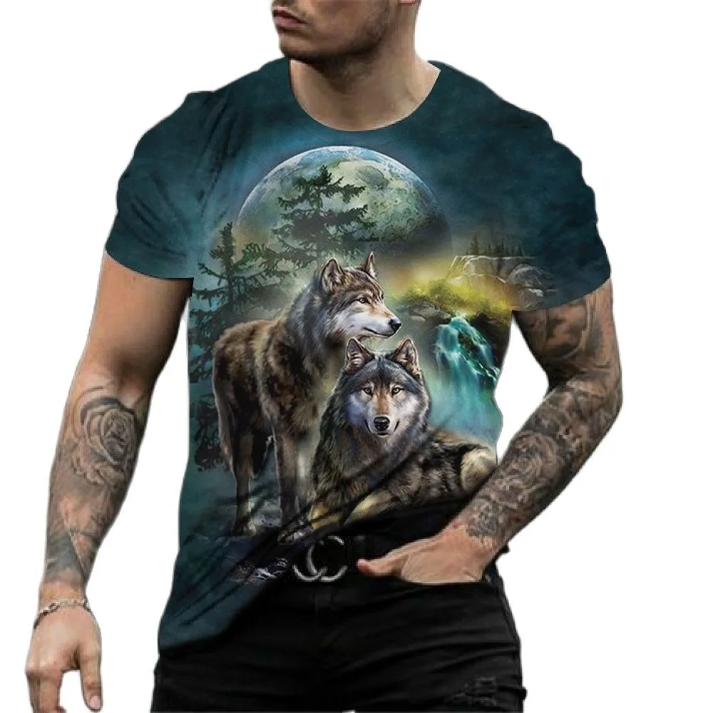

Men's 3D animal printed retro T-shirt, short sleeved top, street wolf printed casual oversized men's clothing