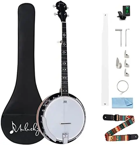 

Mulucky 5 String Banjo - Large Size with 24 Brackets, Closed Solid Wood Back, Mahogany Resonator Banjos, Geared 5th Tuner, Gift