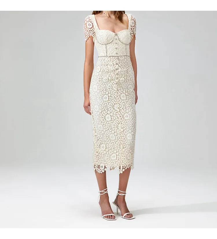 

New Sexy Square Neck Midi Dress for Women 2023 Spring/Summer Short Sleeve Diamond Decoration Lace Slim Fit Long Dresses for Lady
