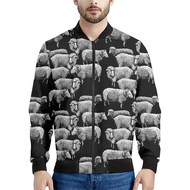 thumbnail image 1 of Chaqueta con cremallera y estampado 3D de ovejas y animales de dibujos animados para hombre, sudadera de gran tamaño, chaquetas de calle geniales para primavera y otoño, abrigos de manga larga, 1 of 4