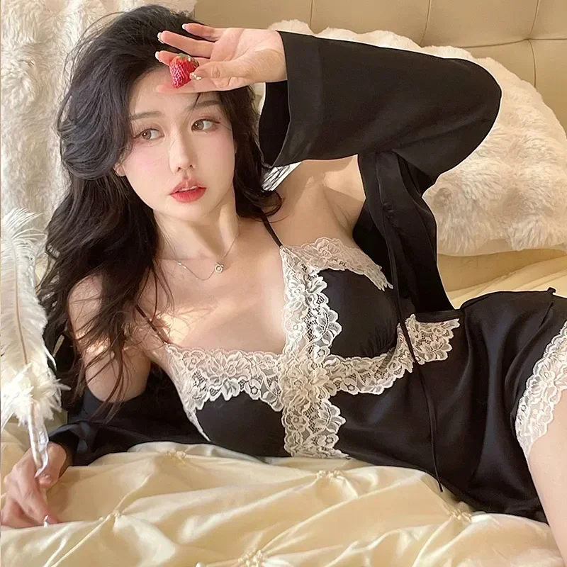 

Home Lace Summer Lingerie Clothes Pajamas Sexy Sets Rayon Women Pijamas 3 Bathrobe&cami&pants Piece Nightsuits Sleepwear