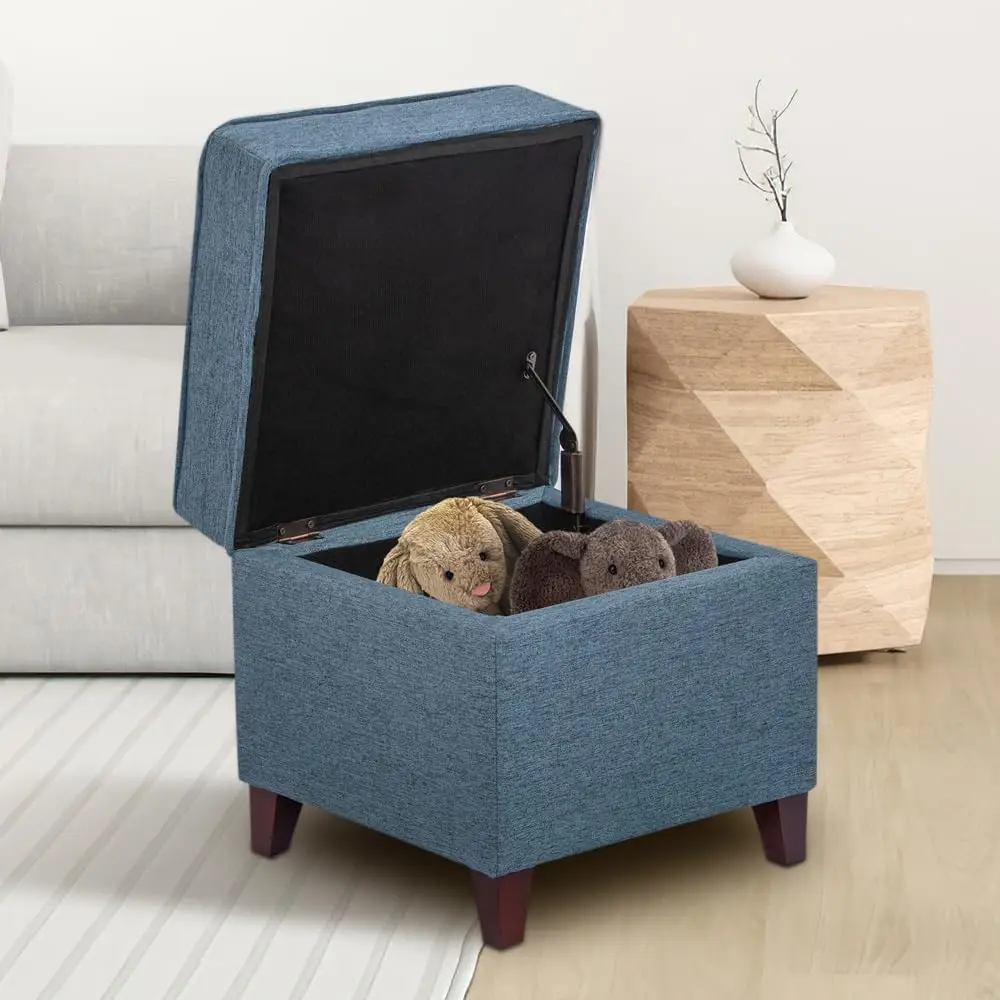 17" Square Ottoman with Storage,Small Blue Storage Ottoman Foot Rest with Hinged Lid & Solid Wood Legs, Linen Fabric Foot Stool