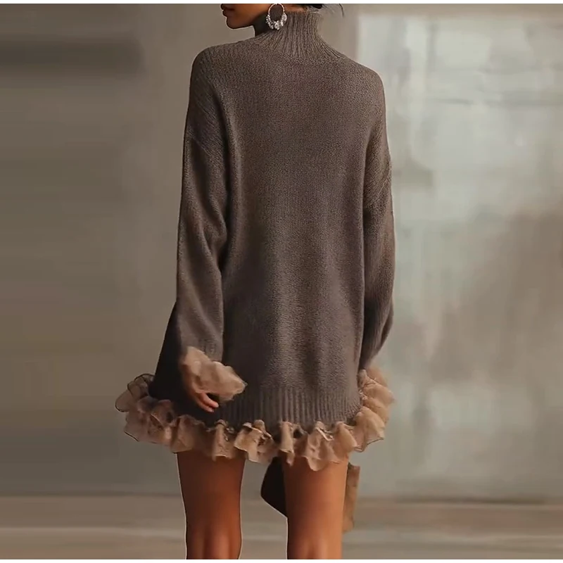 Taupefarbenes Rollkragen-Strickkleid für Damen, gerüschter Spitzensaum, volle Ärmel, Kleider 2026, Frühling, Herbst, weiblich, lässig, Ausflüge, tägliches Passend – Detail 10