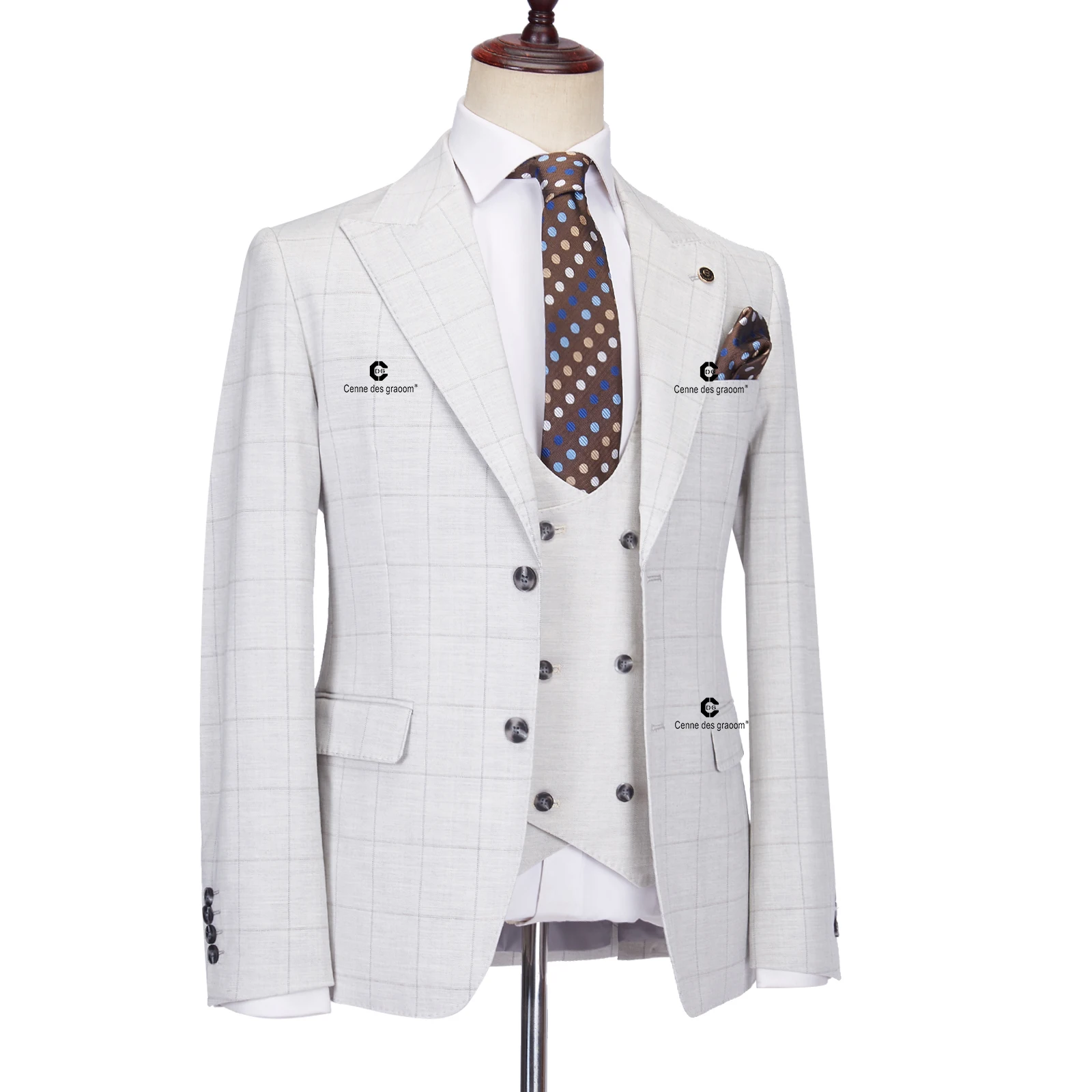 Cenne Des Graoom 2023 Elegant Plaid Suits for Men Tailor-Made Slim Fit Jacket Vest Pants 3 Pcs Set Groom Business Office Meeting 2