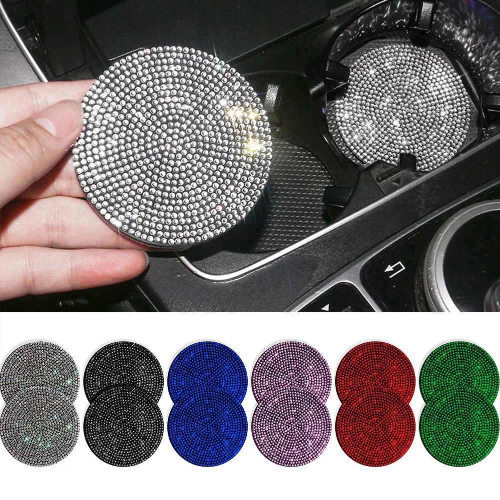 2PCS Diamond Car Coaster Water Cup Slot Non-Slip Mat Silica Gel Pad Cup Holder Mat Car Gadget Bling Accessories for Woman cup holder coasters car coaster pads