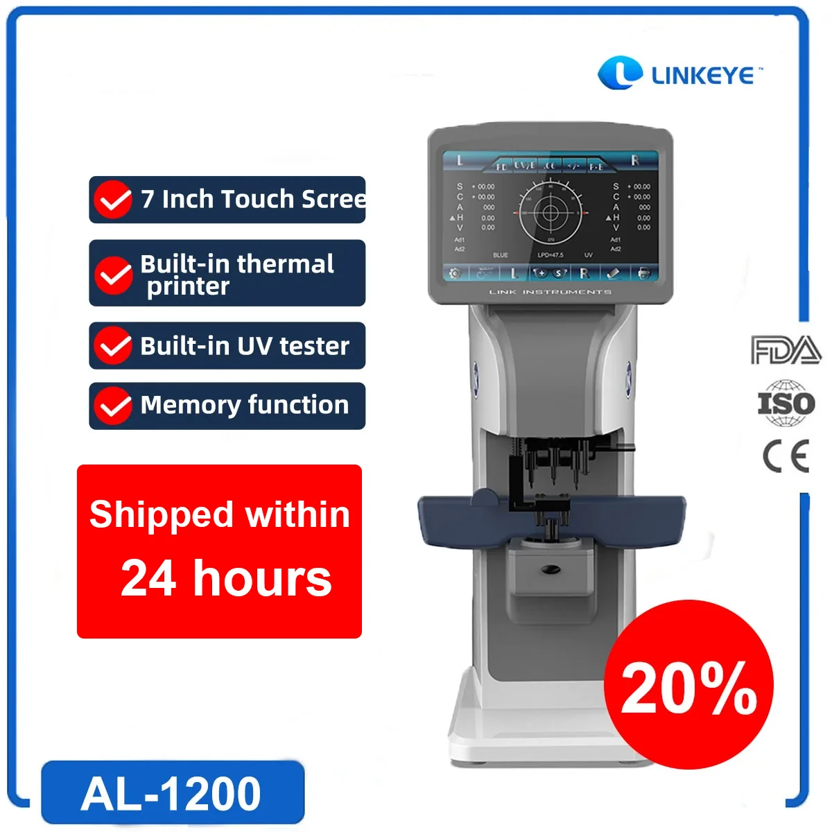 LINKEYE Brand Auto Lensmeter Digital Lensometer Focimeters Touch Screen UV PD Lensometo Optometrist AL-1200